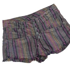 Free People Striped Button Front Shorts Purple Green Frayed Fringe Cut-Offs